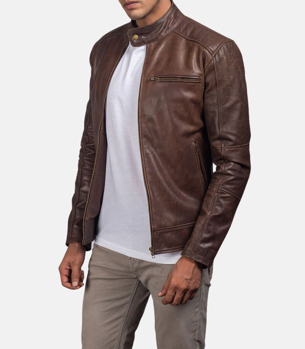 Men’s Brown Leather Jacket With Band Collar
