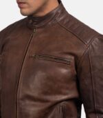 Men’s Brown Leather Jacket With Band Collar