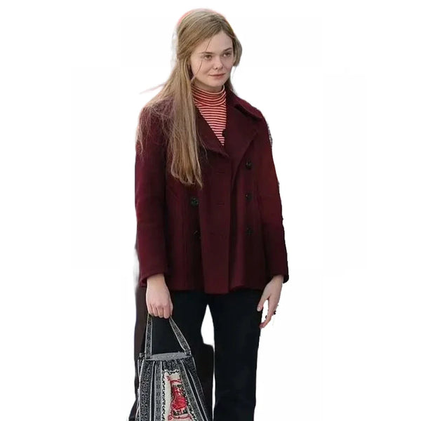 A Complete Unknown Elle Fanning Maroon Coat