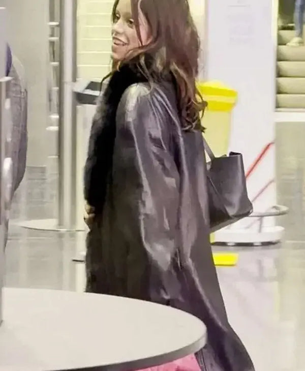 Jenna Ortega Black Shearling Leather Coat