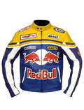 Lillie Red Bull Motorcycle Blue and Yellow Leather Jacket