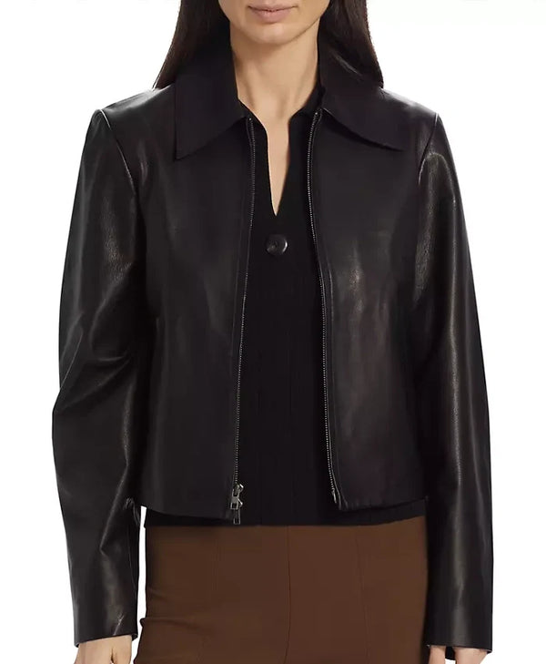 Maya Bins Vince Zip Front Black Leather Jacket