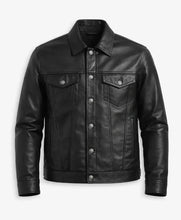 Men Black Leather Trucker Jacket