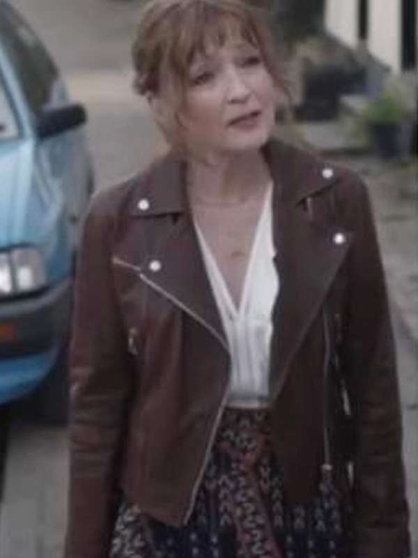 Susan Ryeland Moonflower Murders Brown Leather Jacket