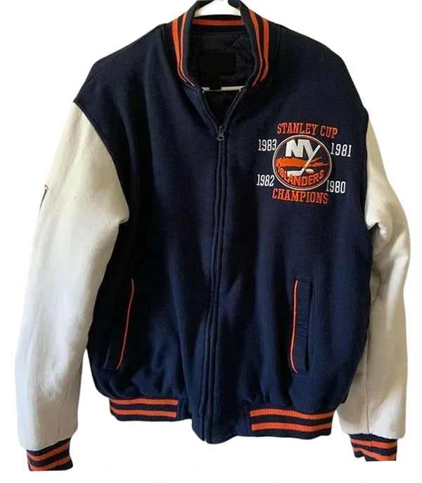 New York Islanders Championship Navy Blue and White Varsity Wool/Leather Jacket For Sale