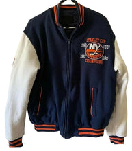 New York Islanders Championship Navy Blue and White Varsity Wool/Leather Jacket For Sale