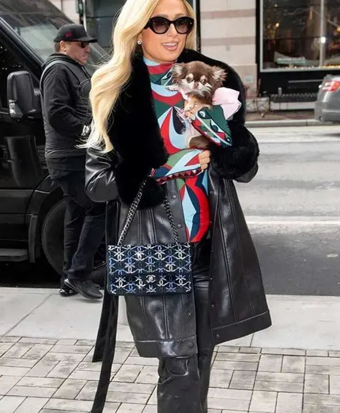 Premium Paris Hilton Black Leather Coat with Fur Trim and Belted Closure