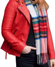 Alex Paxton-Beesley Our Christmas Mural 2023 Red Biker Style Leather Jacket For Women