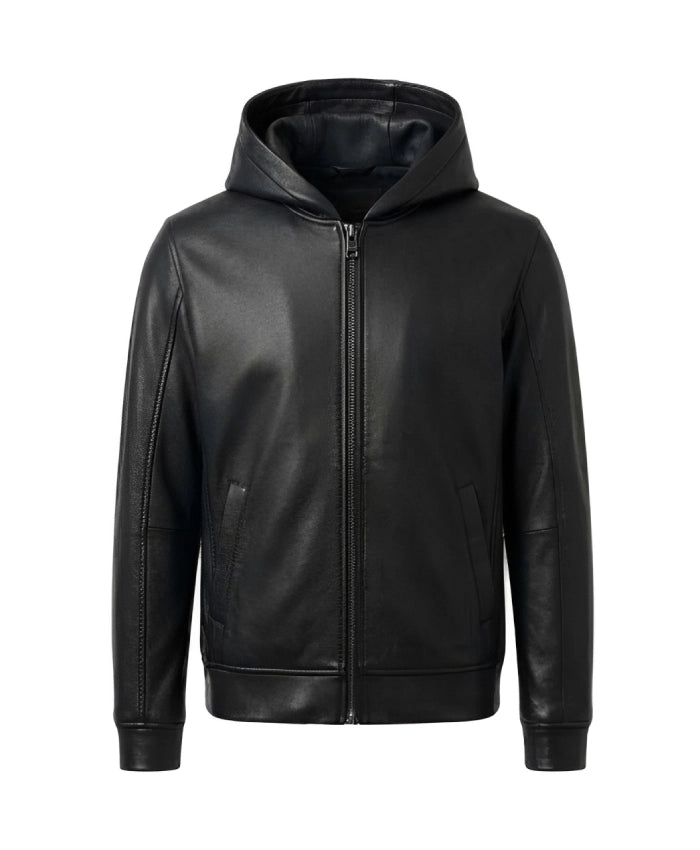 Black Zip-Up Leather Hoodie