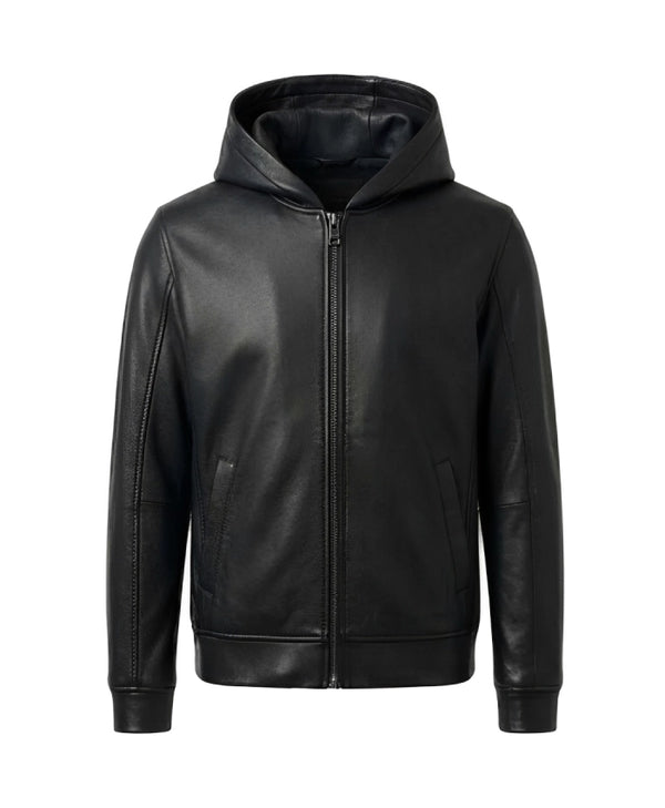 Black Zip-Up Leather Hoodie