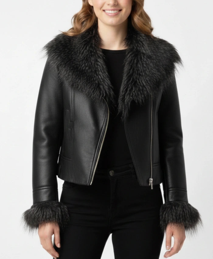 Women’s Black Leather Jacket with Fur Collar