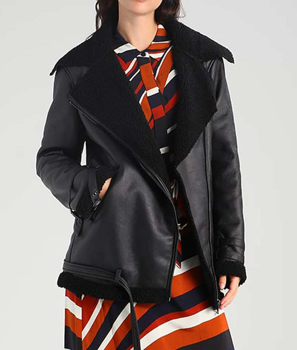 Black Shearling Leather Womens Aviator Jacket