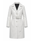 Womens White Belted Leather Coat