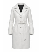 Womens White Belted Leather Coat