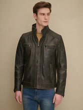 Men's Dark Brown Lambskin Leather Biker Jacket, Designer café racer jacket With Zipper & Pockets