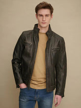 Men's Dark Brown Lambskin Leather Biker Jacket, Designer café racer jacket With Zipper & Pockets