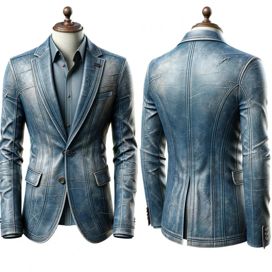 Vintage Denim-Style Leather Blazer For Men